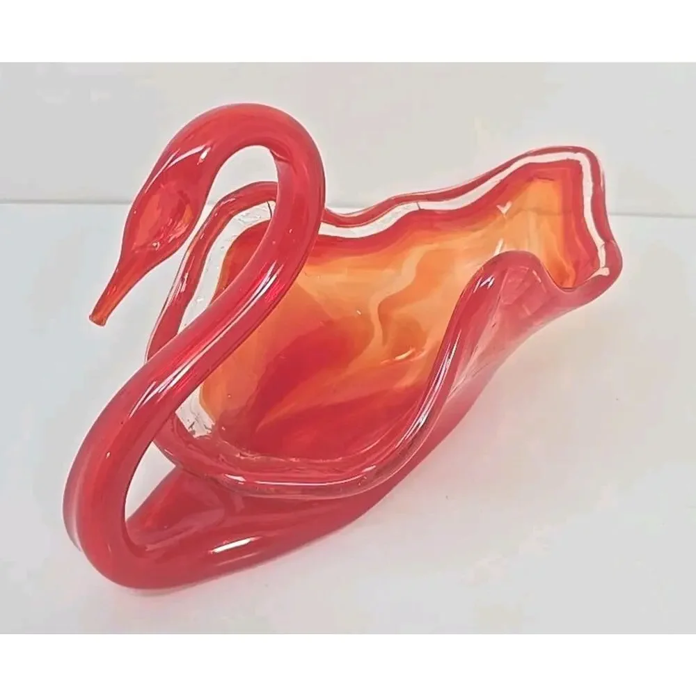 Vintage Large Glass Swan Candy Dish Orange Swirl Hand‎ Blown MSC1